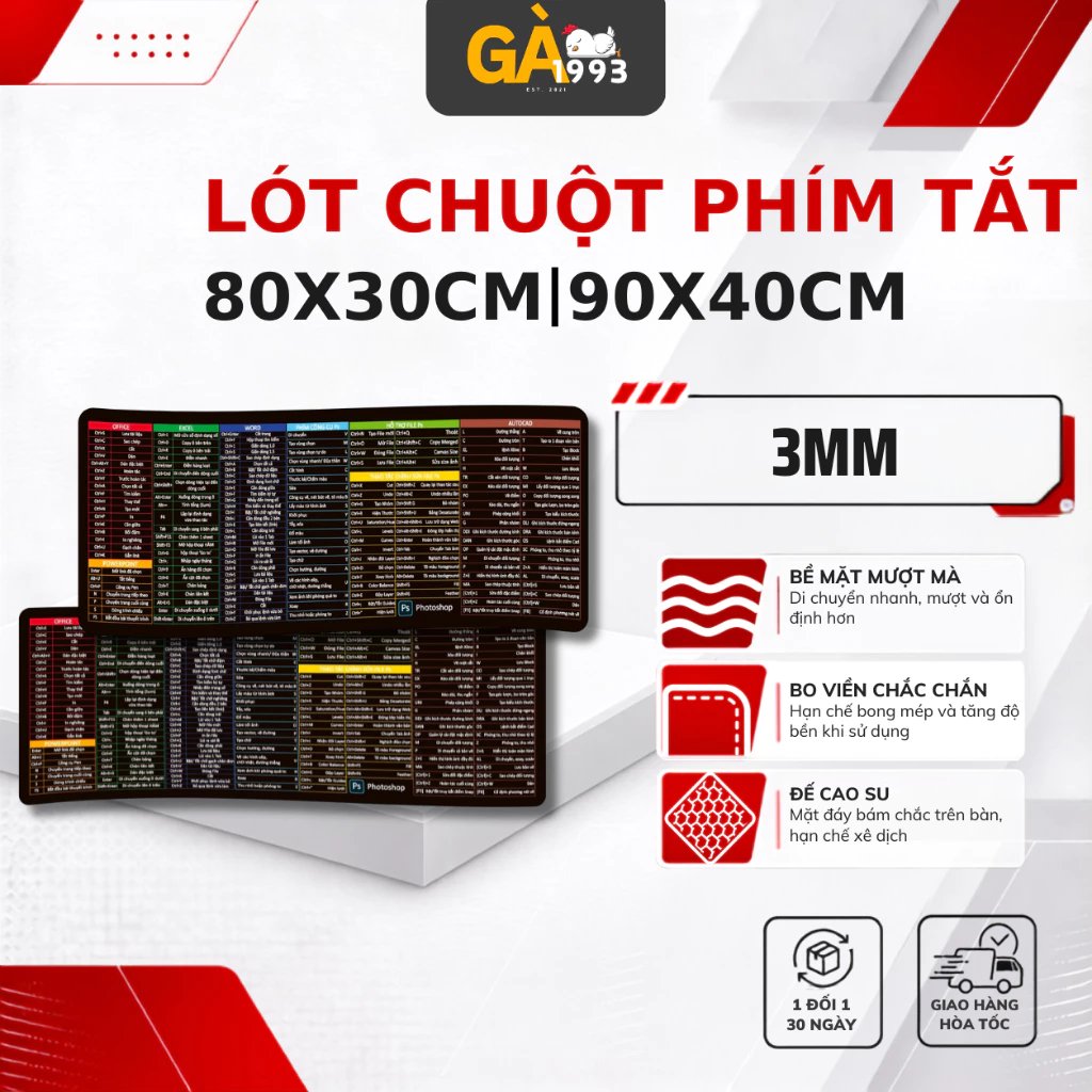 Lót chuột cỡ lớn size 80x30 90x40cm, dày 3mm – Bề mặt mịn, di chuột mượt mà, bo viền chắc chắn