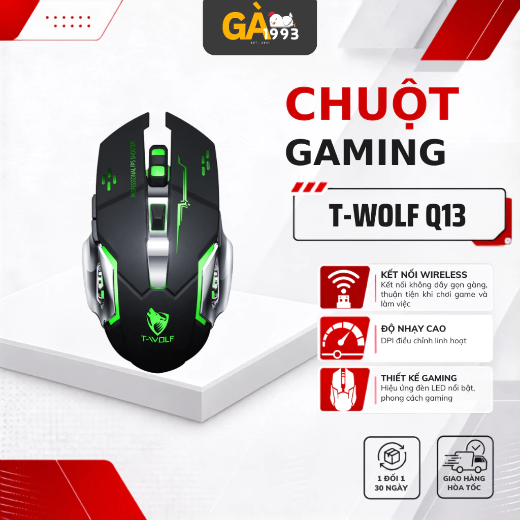 Chuột không dây Gaming T-WOLF Q13 Wireless có Pin sạc, Led RGB - BABY CHICKEN DECOR