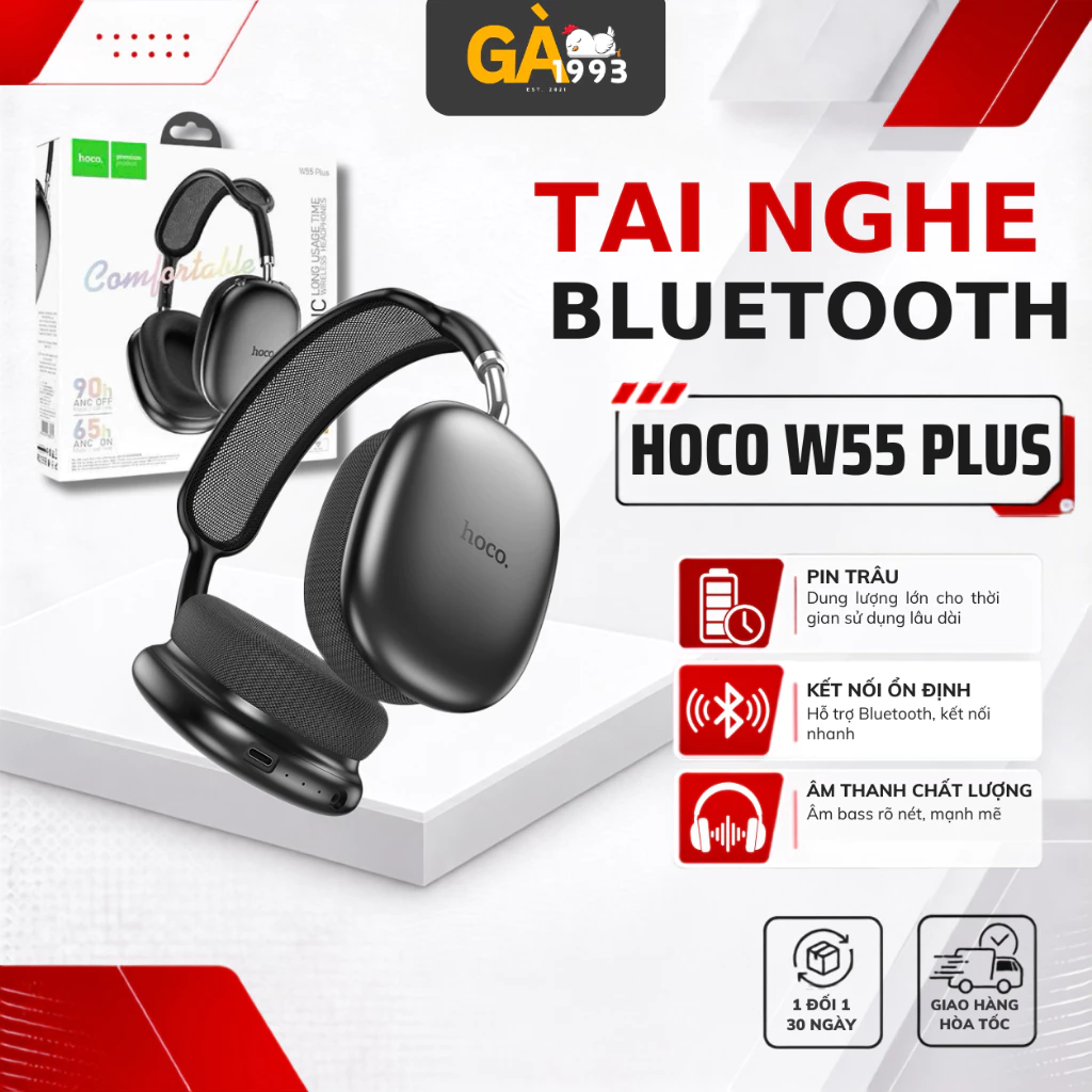 Tai Nghe Chụp Tai Bluetooth 5.4 Hoco W55 ANC Chống Ồn Chủ Động Pin 90H Mic Đàm Thoại Không Dây