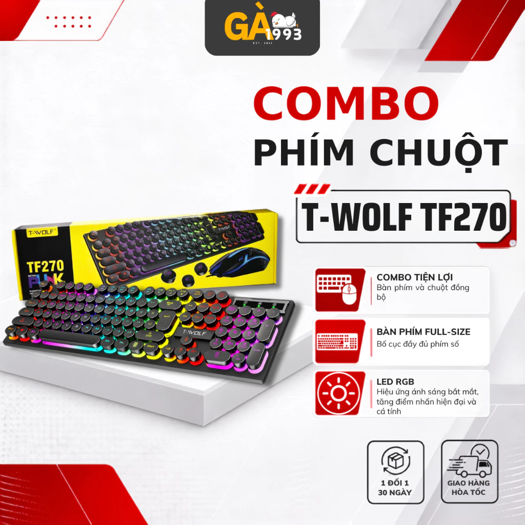 Bàn phím giả cơ kèm chuột gaming T-WOLF 270, bàn phím máy tính và chuột gaming có đèn LED - BABY CHICKEN DECOR