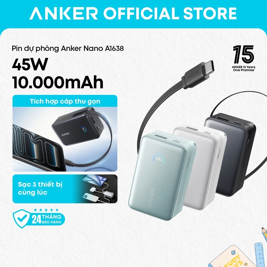 SDP Anker Nano 10.000mAh | Sạc nhanh 45W | 2 cổng 1C1A | Tích hợp cáp USB-C rút gọn | Sạc 3 thiết bị - A1638