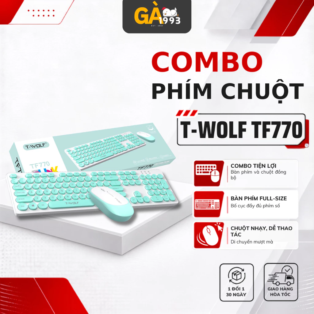 Bàn phím không dây kèm chuột máy tính không dây T-WOLF TF770, nút bấm tròn cổ điển - BABY CHICKEN DECOR