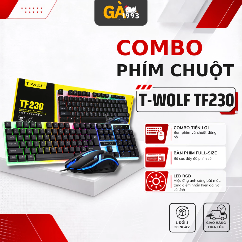 Bàn phím giả cơ kèm chuột gaming T-WOLF 230, bàn phím máy tính và chuột gaming có đèn led đổi màu - BABY CHICKEN DECOR