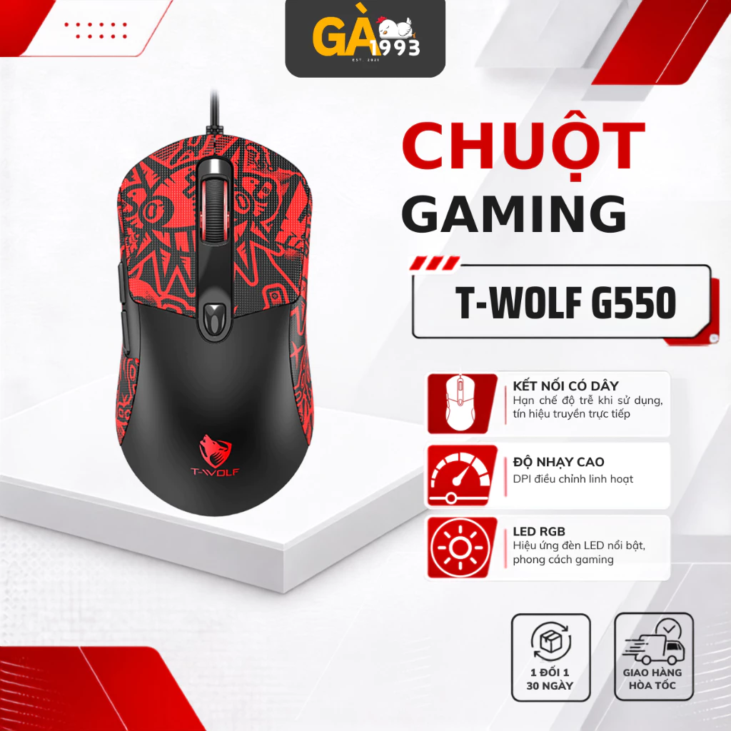 Chuột Có Dây T-WOLF G550 – DPI Cao 7200, LED RGB Thở, Grip Tape Tặng Kèm, Siêu Nhạy