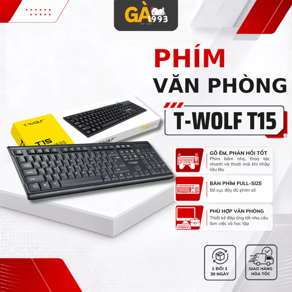 T-WOLF T15 Office Gaming – Bàn phím có dây với hiệu ứng LED Rainbow, tối ưu cho nhu cầu giải trí và sử dụng trong môi tr
