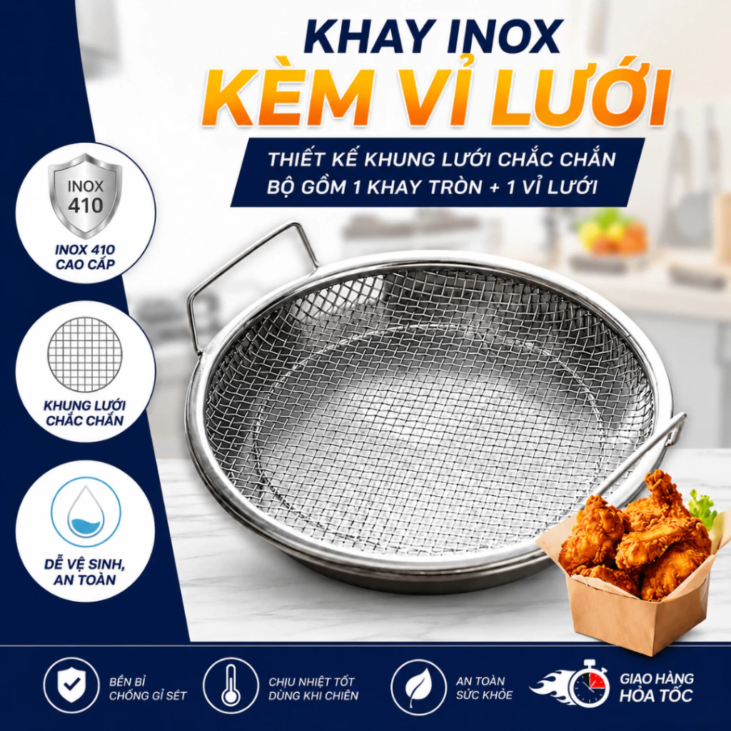 Khay Inox Ráo Dầu 20 + 22 Cm Kèm Vỉ Lưới Cao Cấp, Lọc Dầu Chiên Rán, Hấp Thực Phẩm Chống Gỉ Sét