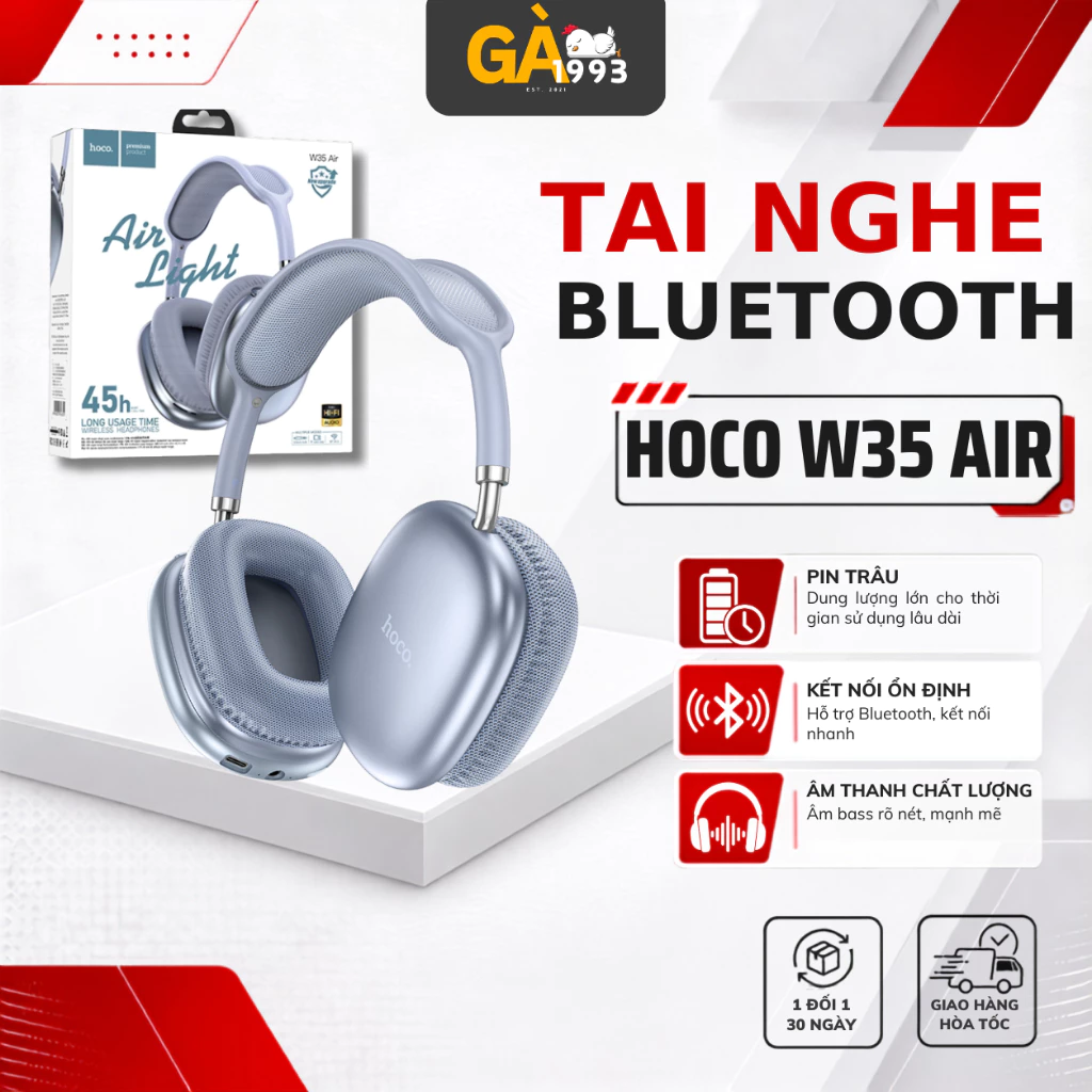 Tai nghe chụp tai Hoco W35 Air , Bluetooth V5.3, hỗ trợ khe cắm thẻ nhớ, cổng AUX, nghe nhạc 45h GA1993