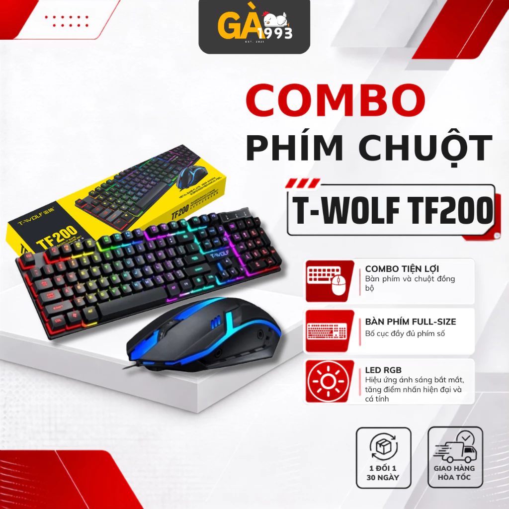 Combo Phím Chuột Giả Cơ T-WOLF – Bộ Bàn Phím Gaming Đa Năng Kèm Chuột Có Dây, USB, Đèn RGB