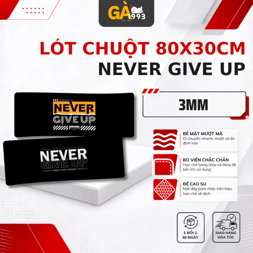 Lót Chuột Cỡ Lớn NEVER GIVEUP 80x30cm – Dày 3mm | Mặt Mịn | Chống Trượt |  - Học Tập - Làm Việc
