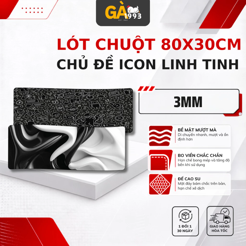 Tấm lót chuột ICON LINH TINH Cỡ Lớn 80x30 | 90x40cm – Mặt Mịn, Bo Viền Chắc, Chống trượt phù hơp decor văn phòng