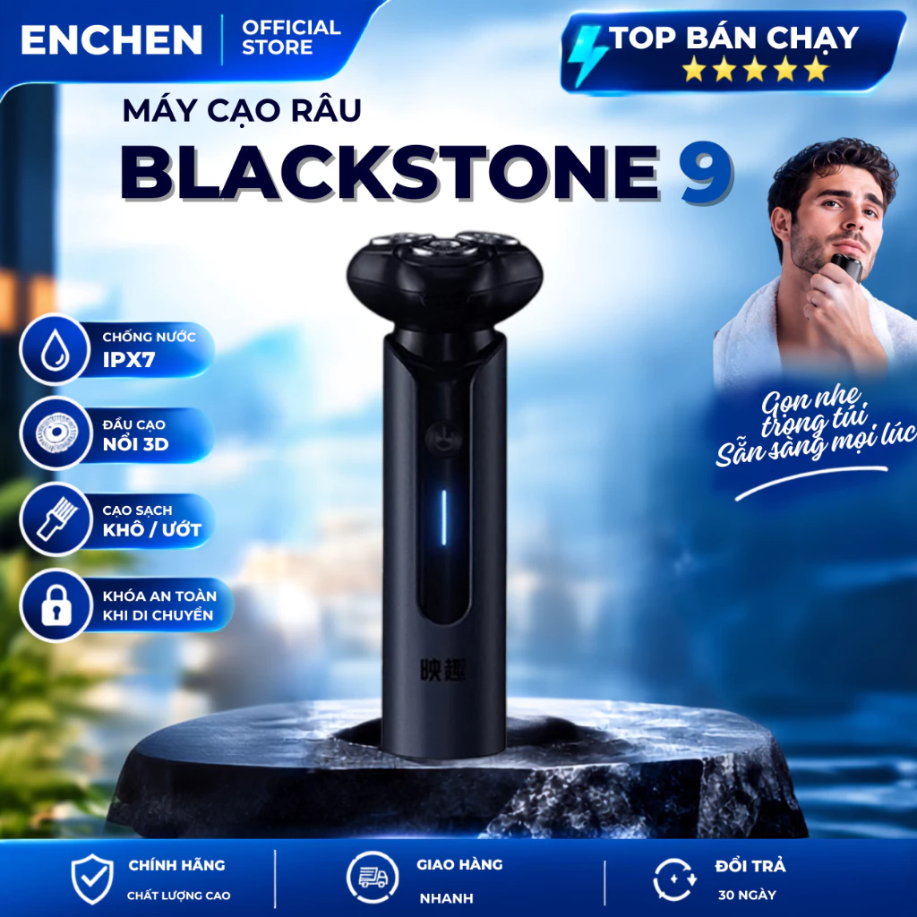 Máy Cạo Râu Nam Enchen BlackStone 9 Thông Minh - Cạo khô/ướt đầu cạo nổi 3D Ôm Sát, Chống Nước IPX7