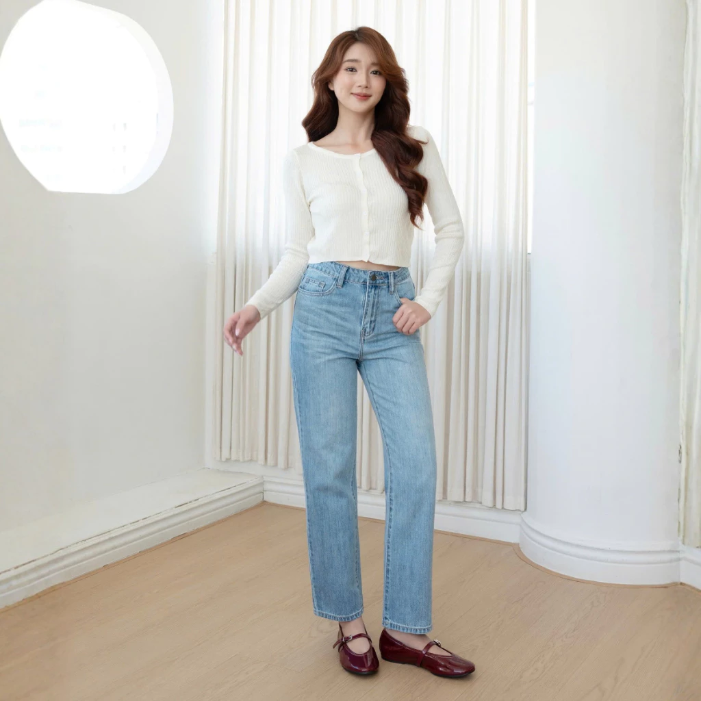 Quần Jean Ống Đứng REDE RB-021 Chất Denim, Lưng Cạp Cao, Xanh Nhạt Wash, Phù Hợp Dáng Dưới 1m64