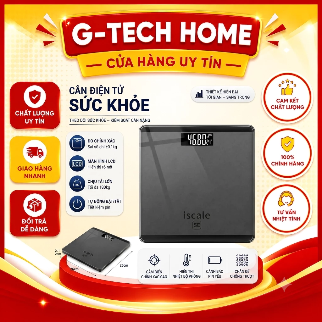 Cân Sức Khỏe Điện Tử iScale SE 180kg Màn Hình LCD Kính Cường Lực Thiết Kế Gọn Nhẹ Hỗ Trợ Theo Dõi Sức Khỏe