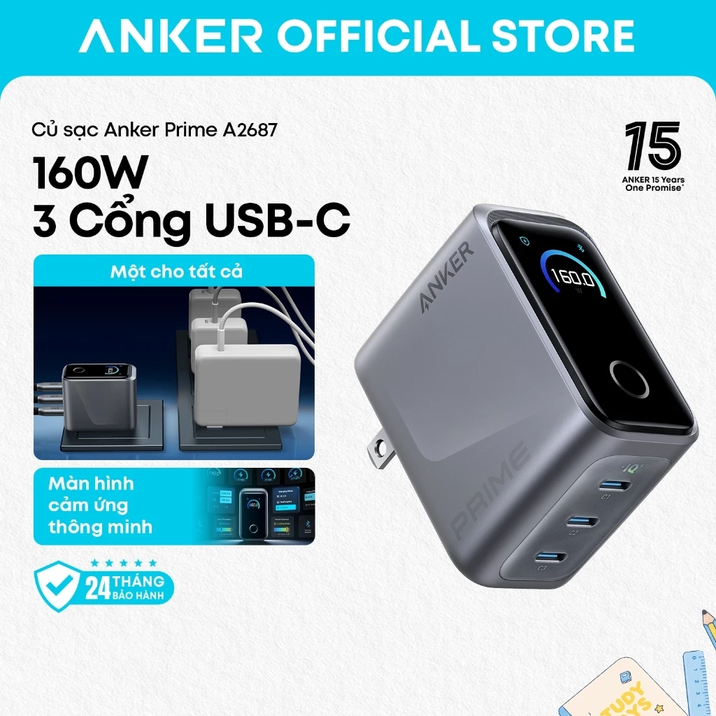 Củ sạc nhanh Anker Prime A2687 3 cổng tối đa 160W, sạc nhanh PowerIQ 5.0 đa thiết bị, tích hợp màn hình điều khiển thông