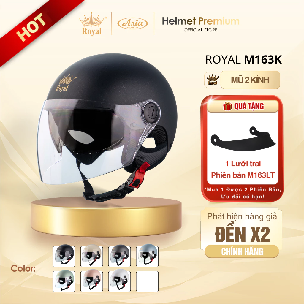 [Tặng Lưỡi Trai] Mũ Bảo Hiểm Nửa Đầu Royal M163K 2 Kính Thời Trang, 2 Phiên Bản, Kính Âm Chống Chói