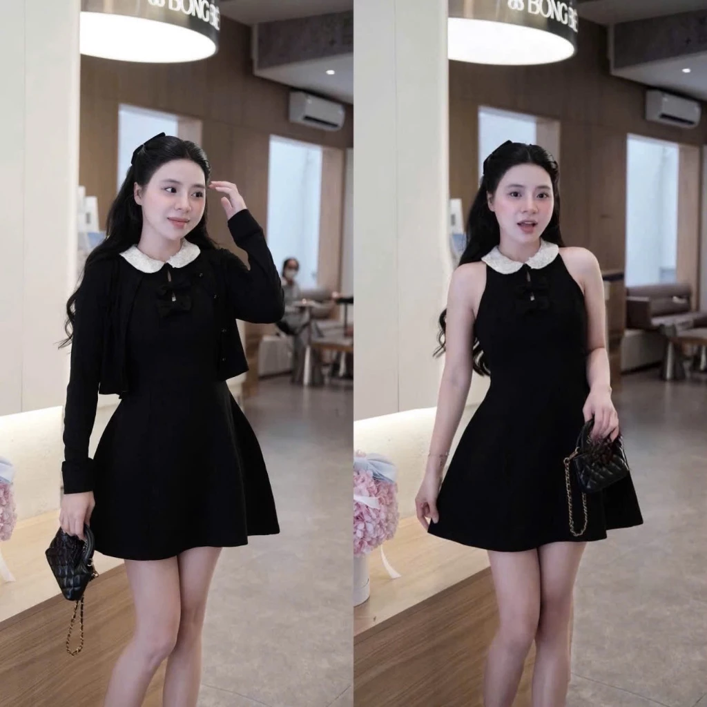 (Set 2 Món): Váy Cổ Sen Thêu Ren 2 Lớp Chiết Eo Đính 2 Nơ Dáng Xoè Mix Kèm Khoác Candigan Cúc Bọc -Ảnh Thật Lollaye