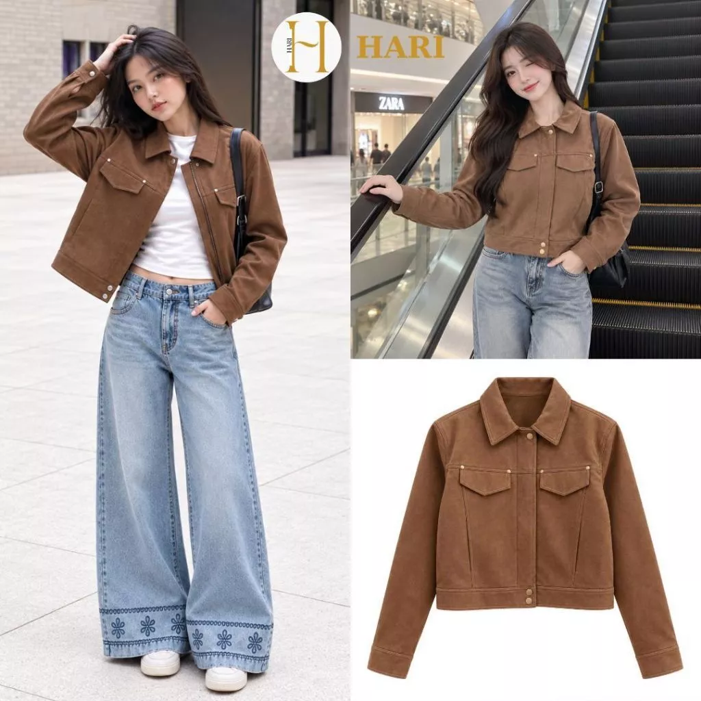 Áo Khoác Da Lộn Nữ Dáng Lửng Cổ Bẻ Form Rộng Phong Cách Vintage Retro Cá Tính Màu Nâu Hari 3868