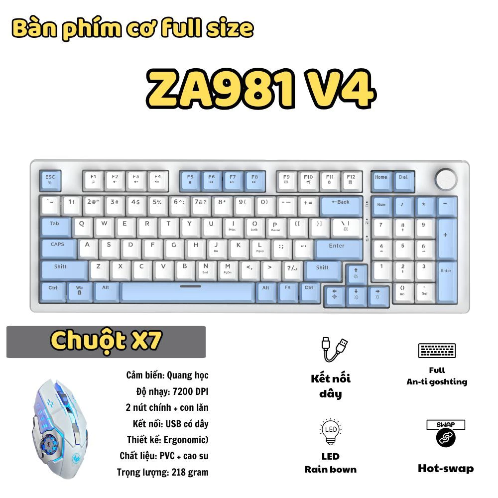 Bộ Bàn Phím Cơ Za981 V4 và Chuột Full Size 98 Key - Có Hotswap - Red switch - Có nút điều chỉnh độ sáng