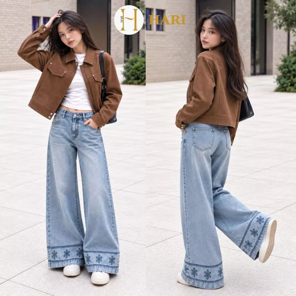 Quần Jean Suông Thêu Họa Tiết Hot Trend Jean Mềm, Họa Tiết Thêu Hoa Nổi 1006 Hari