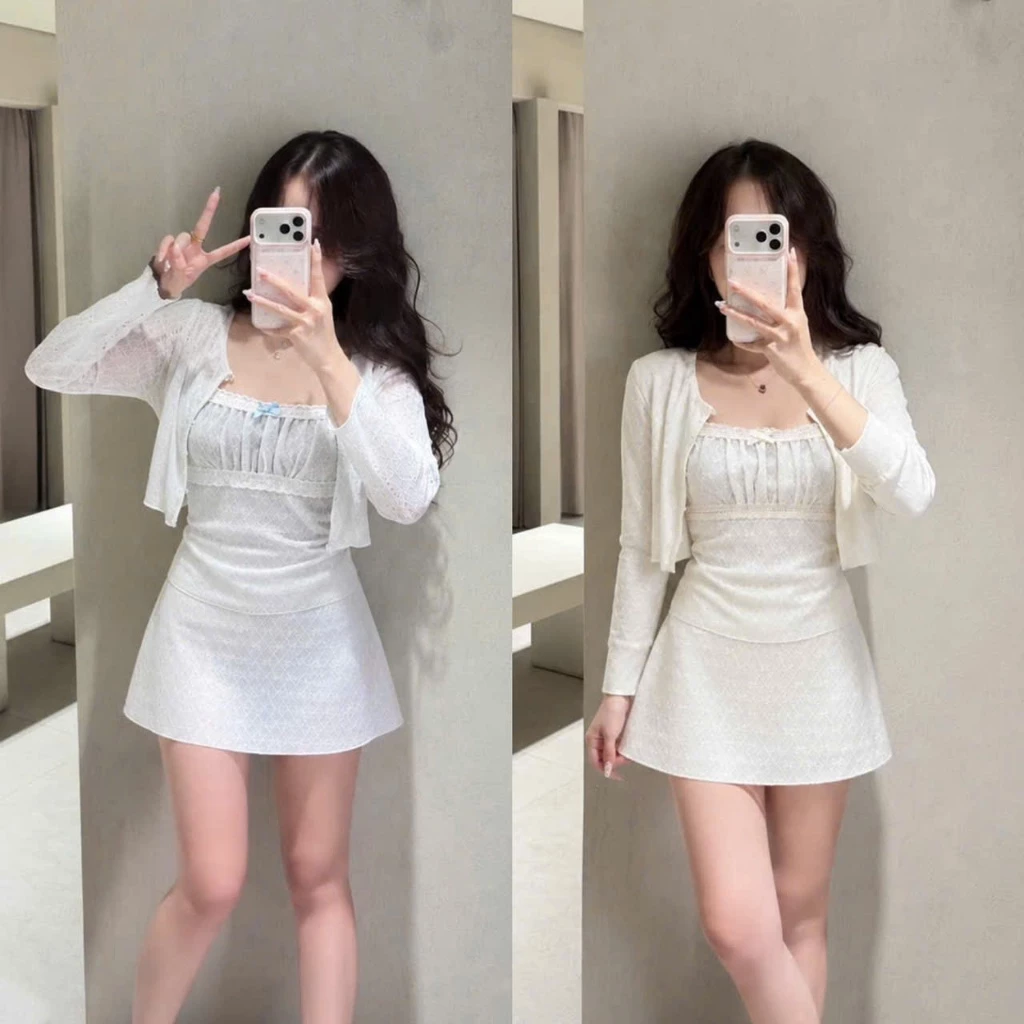 (Mở Bán): Áo Khoác Dài Tay Cúc Cài + Áo 2 Dây Ren Nhún Ngực Hoạ Tiết Nơ In Nổi Mix Chân Váy A Chất Len Thun -Ảnh Thật