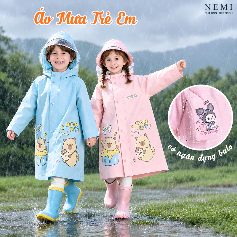 Áo Mưa Trẻ Em NEMI Có Ngăn Đeo Cặp, Chất Liệu Dẻo Dai, Hoạ Tiết Hoạt Hình Dễ Thương Đi Học Mùa Mưa