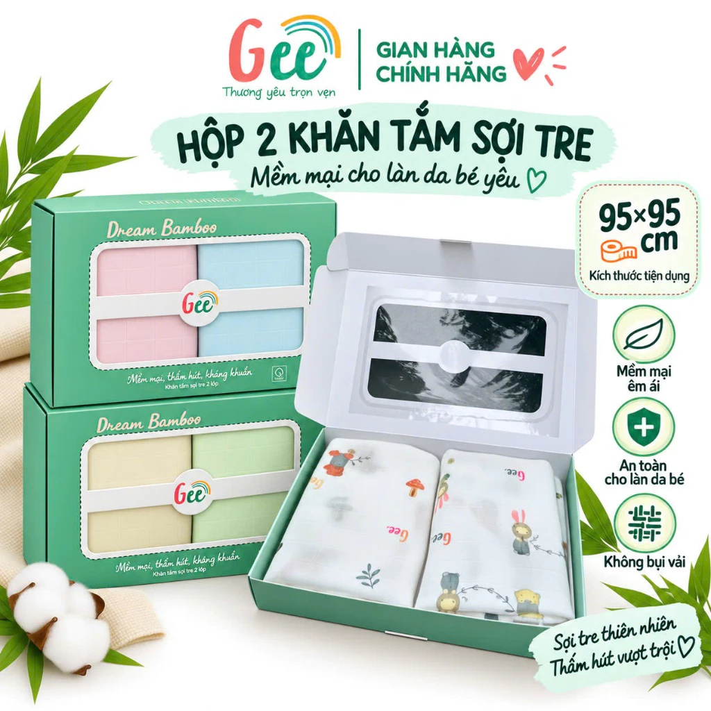 Khăn tắm sợi tre Gee 2, 3 lớp, set 2 khăn xô tắm cho bé 95x95cm, có mix họa tiết dễ thương, khăn choàng cho trẻ sơ sinh