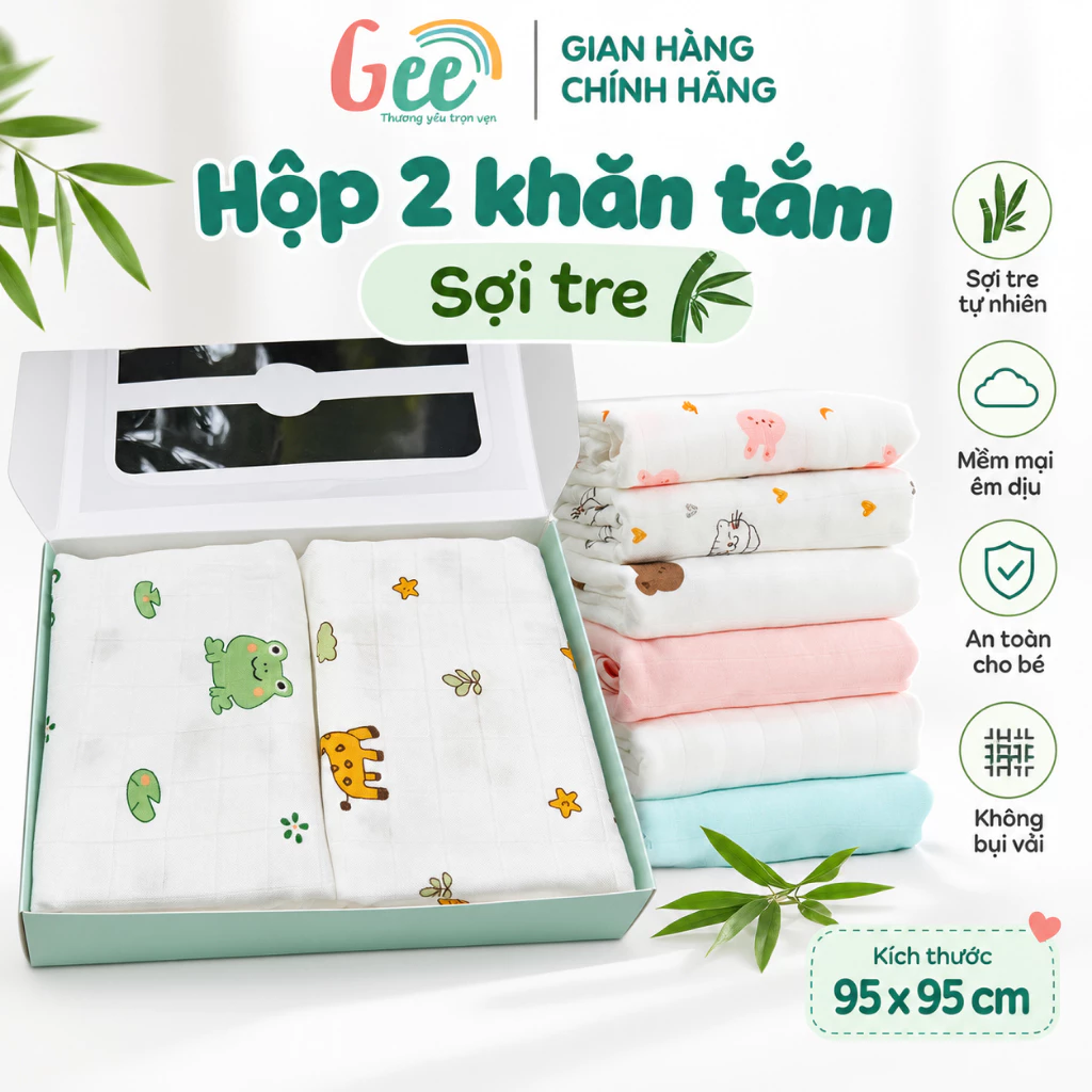 Khăn tắm sợi tre Gee 95x95cm, mềm mịn, an toàn, thấm hút, set 2 khăn ủ, quấn, choàng cho bé sơ sinh