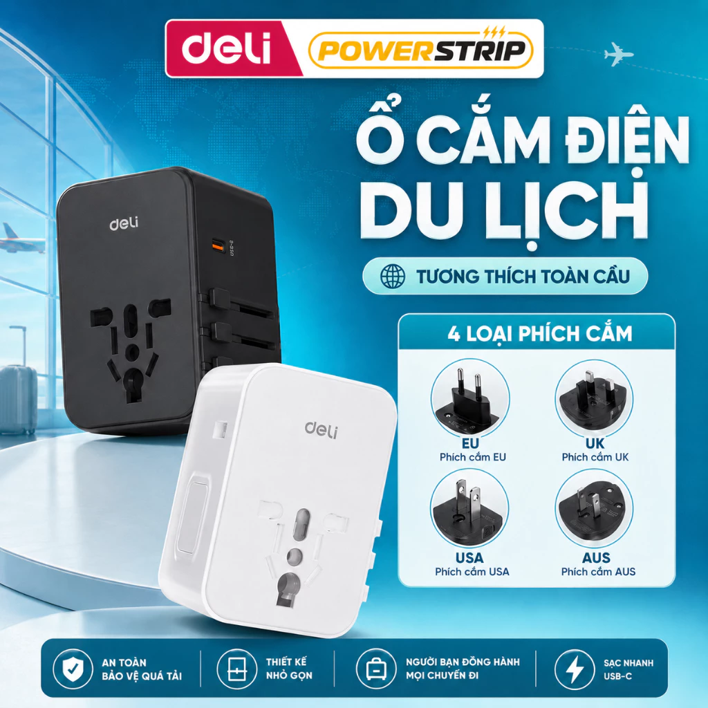 [DEAL 15.9🔥] Bộ Chuyển Đổi Ổ Cắm Du Lịch DELI 4 Loại Chân Cắm, Tích Hợp Cổng Sạc Nhanh 20W USB TypeC