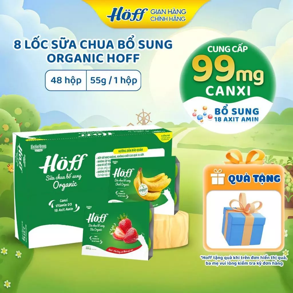 Thùng Sữa chua trẻ em HOFF bổ sung Chuối, Dâu Organic bổ sung vitamin axit amin - 8 Lốc (48hộp x55g)