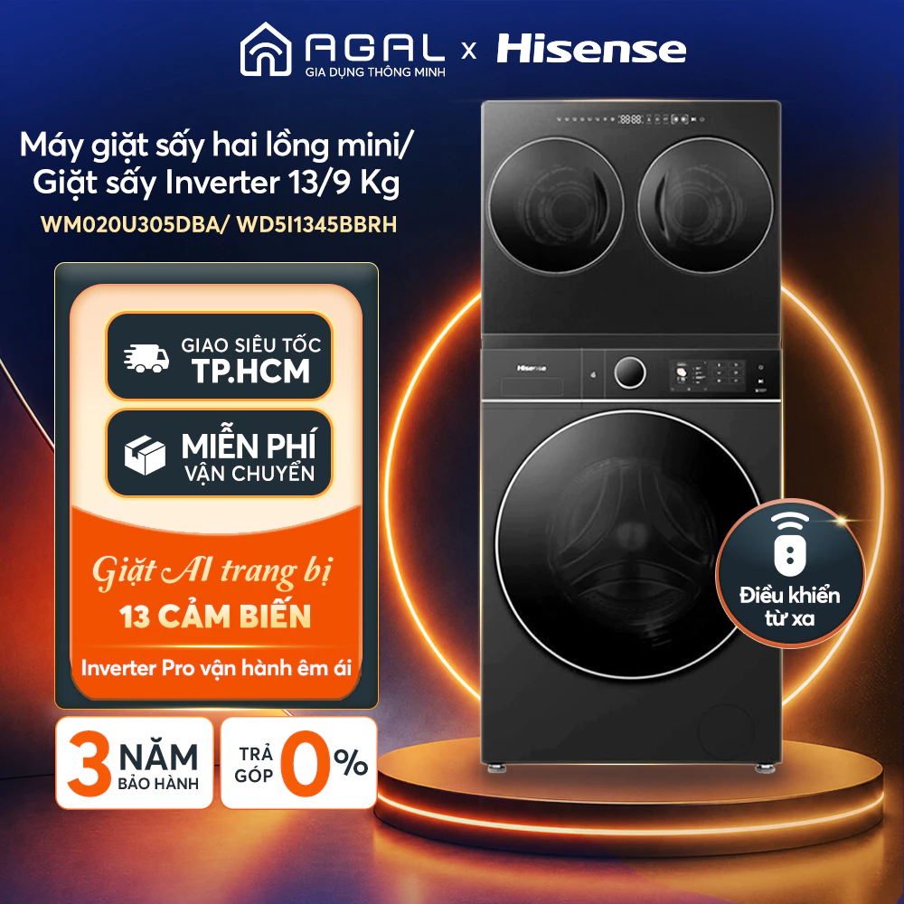 Máy giặt sấy hai lồng Mini/ Giặt sấy Hisense Inverter 13/9 Kg WM020U305DBA/ WD5I1345BBRH, Trả góp 0%