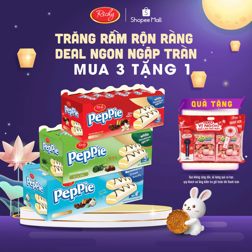 [VỊ MỚI | MUA 3 TẶNG 1]  Combo 3 mix vị Bánh phủ socola Peppie Richy vị Dưa lưới/Vani cốm/Caramen, loại khay 360g