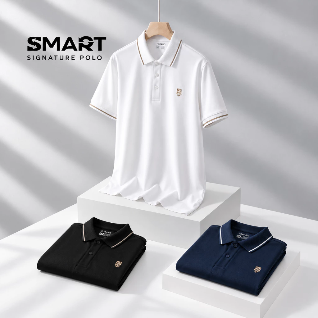 Áo polo nam SMART SIGNATURE POLO TORANO trơn bo kẻ ngắn tay, form chuẩn HSTP904