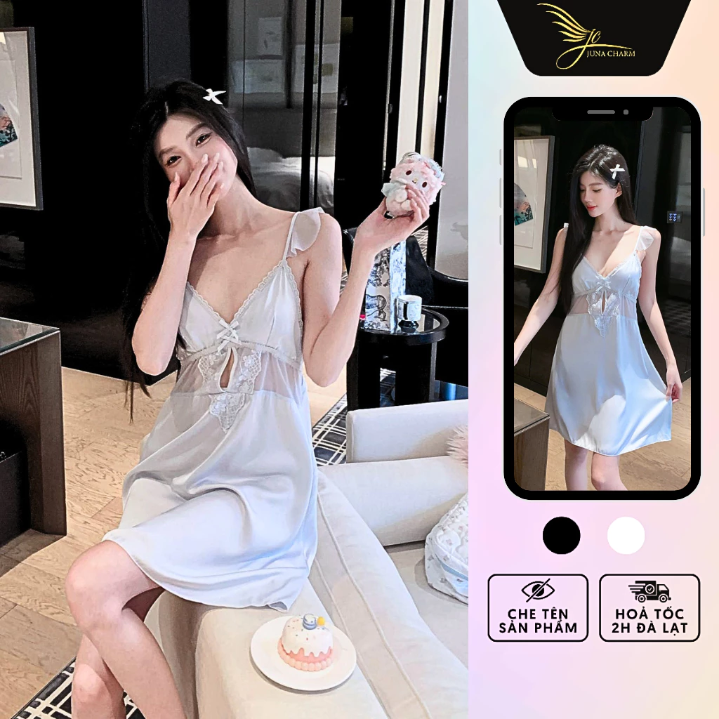 Váy Ngủ 2 Dây, Đầm Ngủ Xinh Xắn JUNA Freesize Thời Trang Đồ Ngủ Dành Cho Nữ, Chất Vải Lụa Phối Ren Voan, Màu Xanh/SP7122