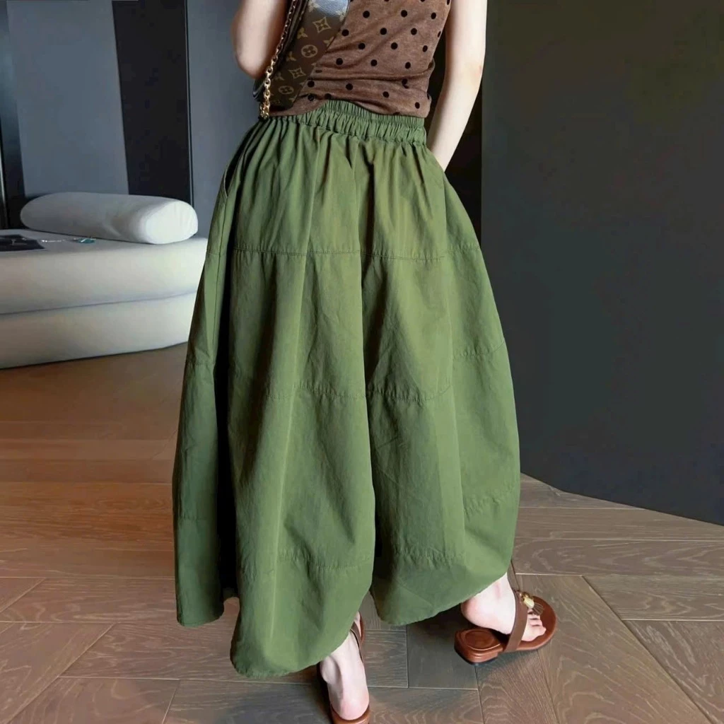 Quần Gió Nữ Ống Rộng Thùng Thình Lưng Thun Phối Thân Trơn Basic Màu Đen , Rêu , Vàng Sang Chảnh
