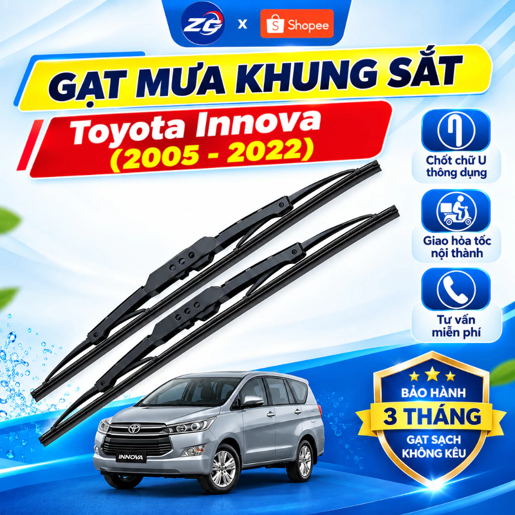 Cần gạt mưa Toyota Innova (2005 - 2022) khung xương lưỡi silicon, Gạt mưa ô Tô Khung Sắt Gạt Sạch Không Kêu