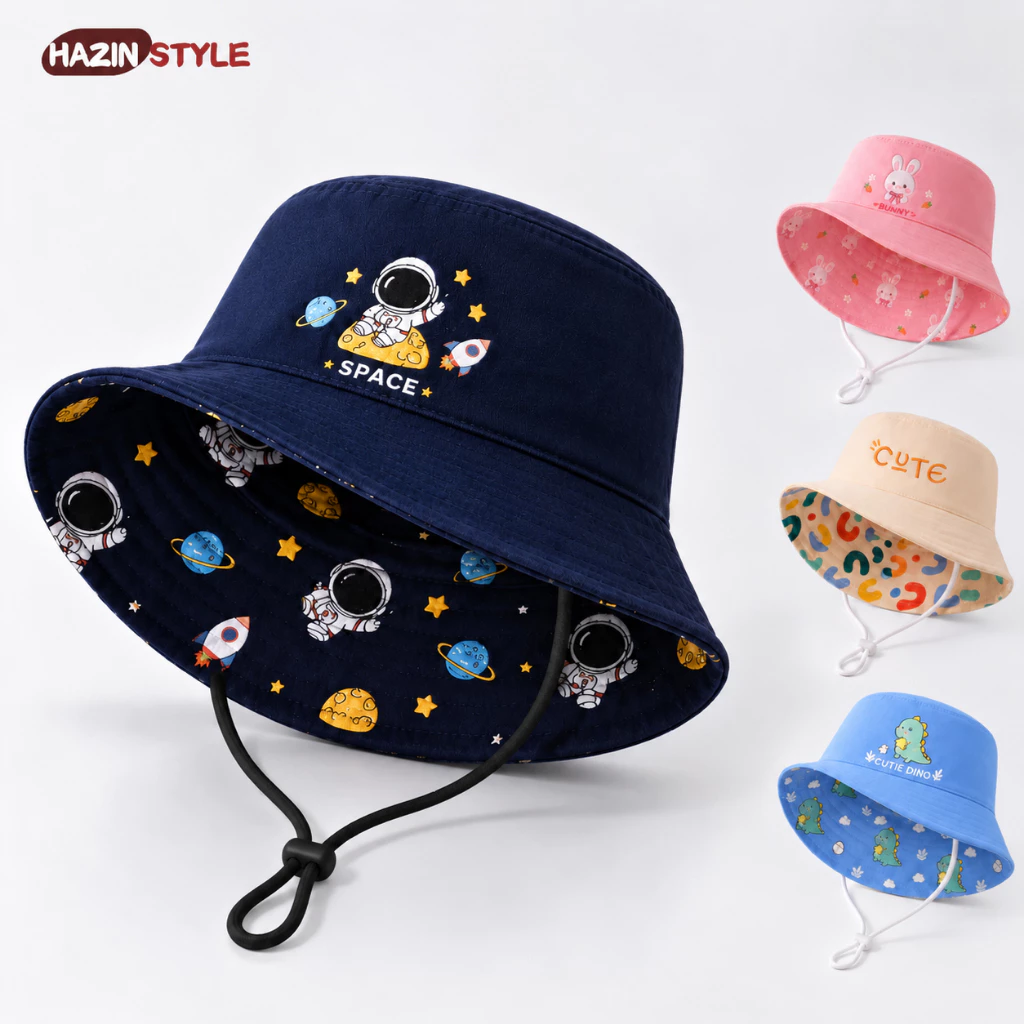 Mũ Vành Rộng Cho Bé 1-3 Tuổi, Bucket Hai Mặt Đổi Kiểu, Dây Giữ Mũ, Chất Vải Mềm Nhẹ