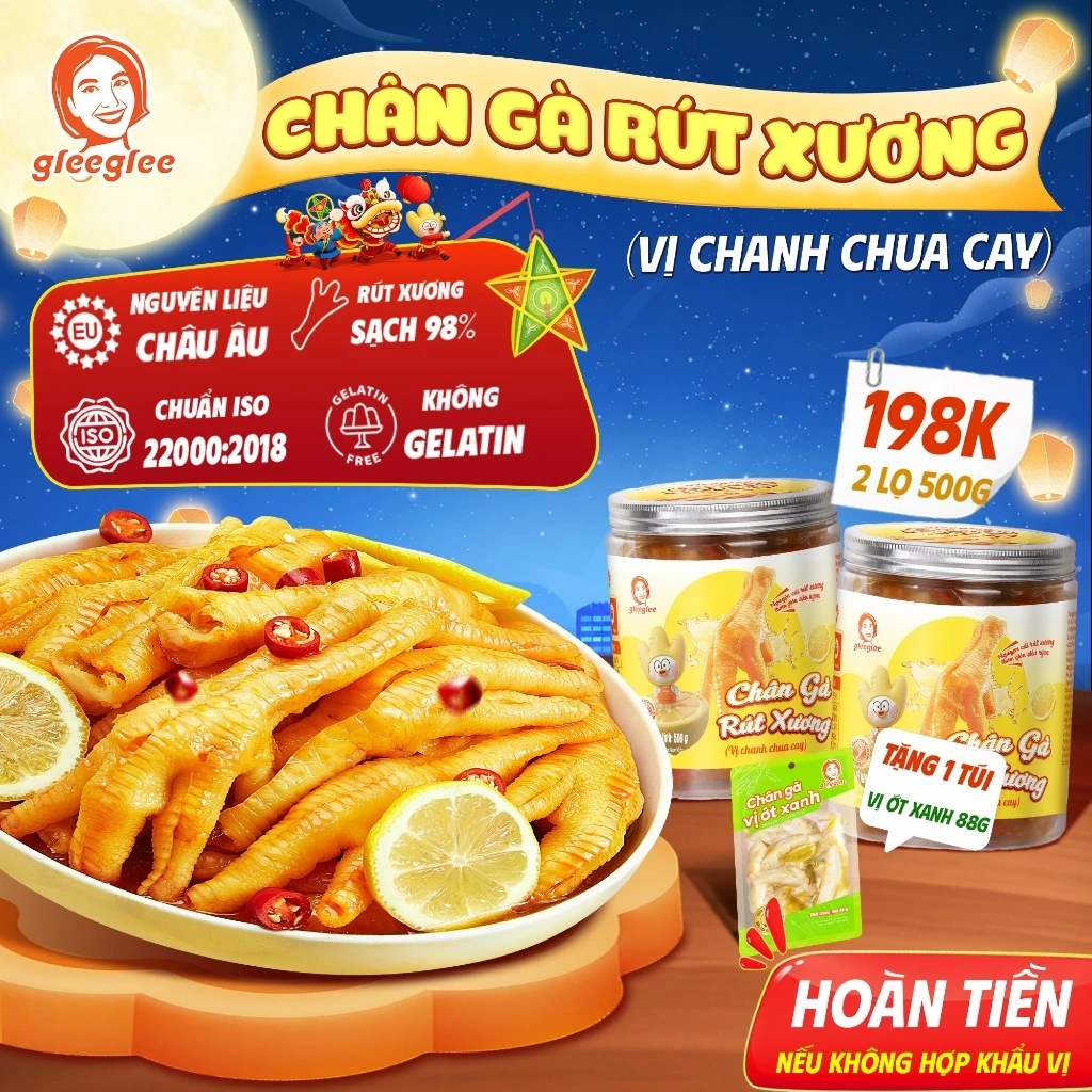 Lọ Chân Gà Rút Xương GleeGlee Vị CHANH  500g Tỉ lệ >98% Sạch Xương Ăn Liền Tiện Lợi Chuẩn ISO 220001