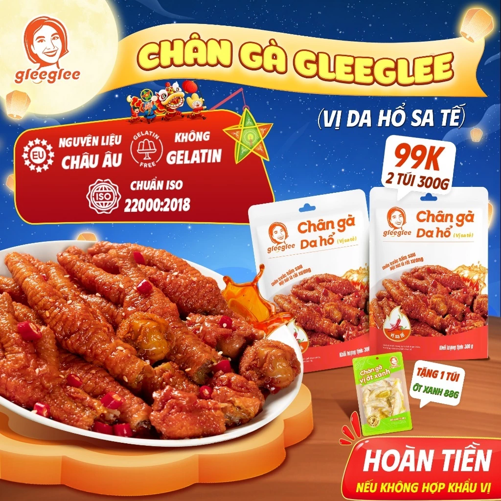 Chân Gà CÓ XƯƠNG GleeGlee DA HỔ VỊ SA TẾ 300g Cay Nồng Đậm Vị Chiên Trước Hầm Sau Ăn Liền Chuẩn ISO, Túi
