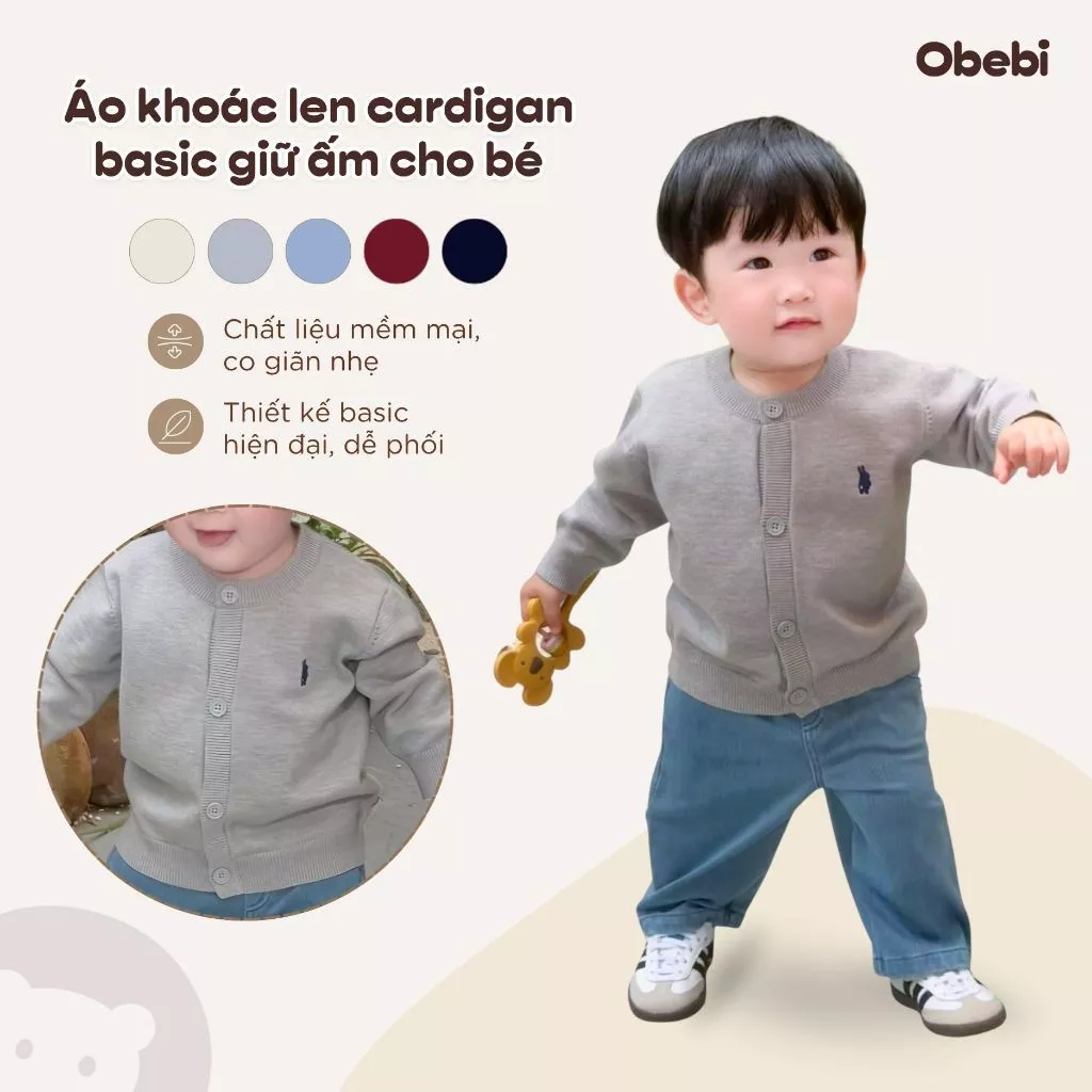 Áo Khoác Dệt Len Trơn Thời Trang Thu Đông Thêu Thỏ Thương Hiệu Obebi Cho Bé Trai Bé Gái Từ 8 - 23kg AK238