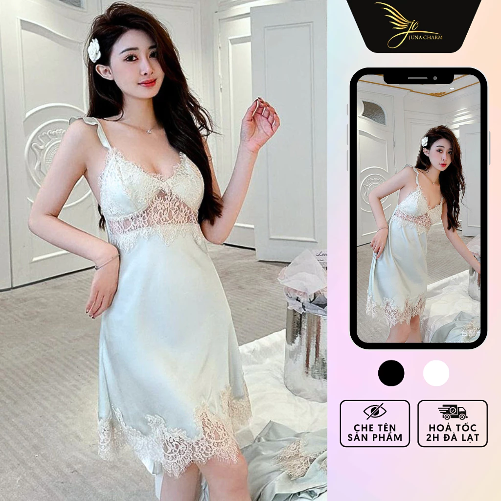 Váy Ngủ 2 Dây, Đầm Ngủ Sang Trọng JUNA Freesize Thời Trang Đồ Ngủ Dành Cho Nữ, Chất Lụa Phối Ren, Màu Xanh Ngọc/SP7122