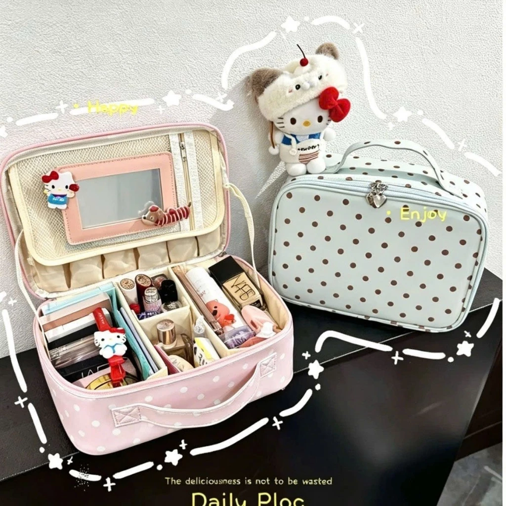 Túi Đựng Mỹ Phẩm Trang Điểm Du Lịch Chấm Bi Cute Có Gương, Ngăn Chia Tháo Rời, Hộp Makeup Cầm Tay