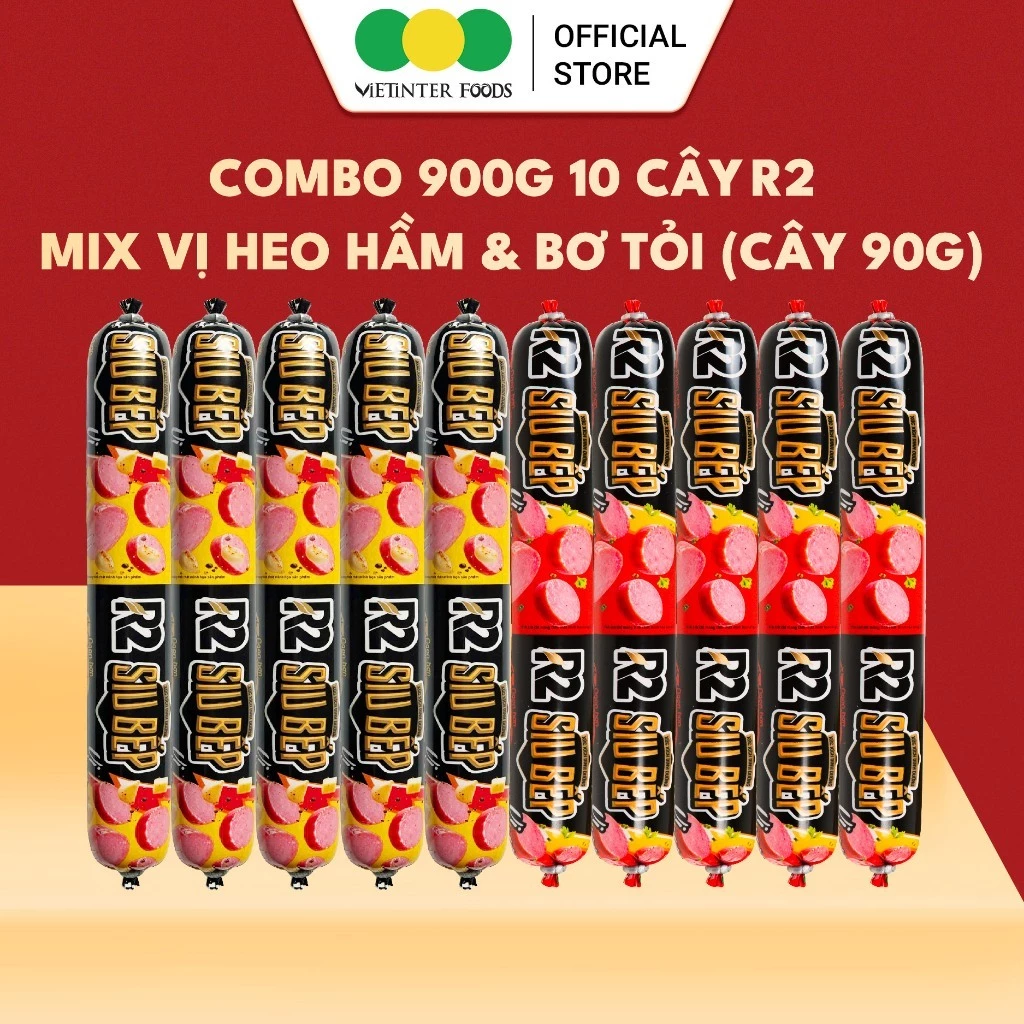 Combo 10 Cây Xúc Xích R2 Mix Vị Heo Hầm Bơ Tỏi Vietinter Foods (Cây 90g)