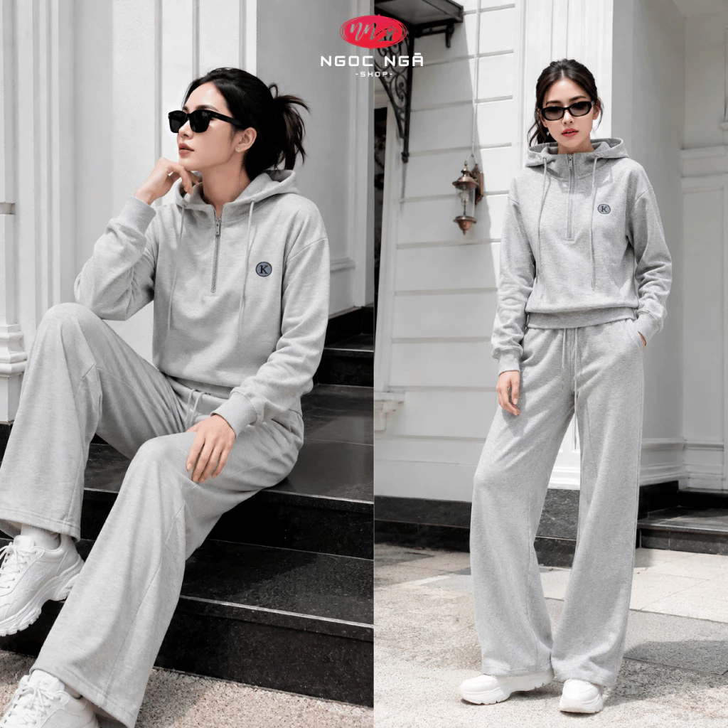 Bộ Nỉ Nữ Có Mũ Áo Hoodie Half Zip Quần Ống Suông Rộng Chất Lyocell Mềm Ấm 8602