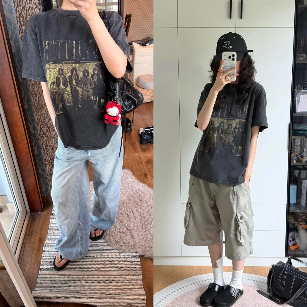 Áo thun ngắn tay dáng unisex màu ghi đậm wash in hình vintage cá tính - TikTik