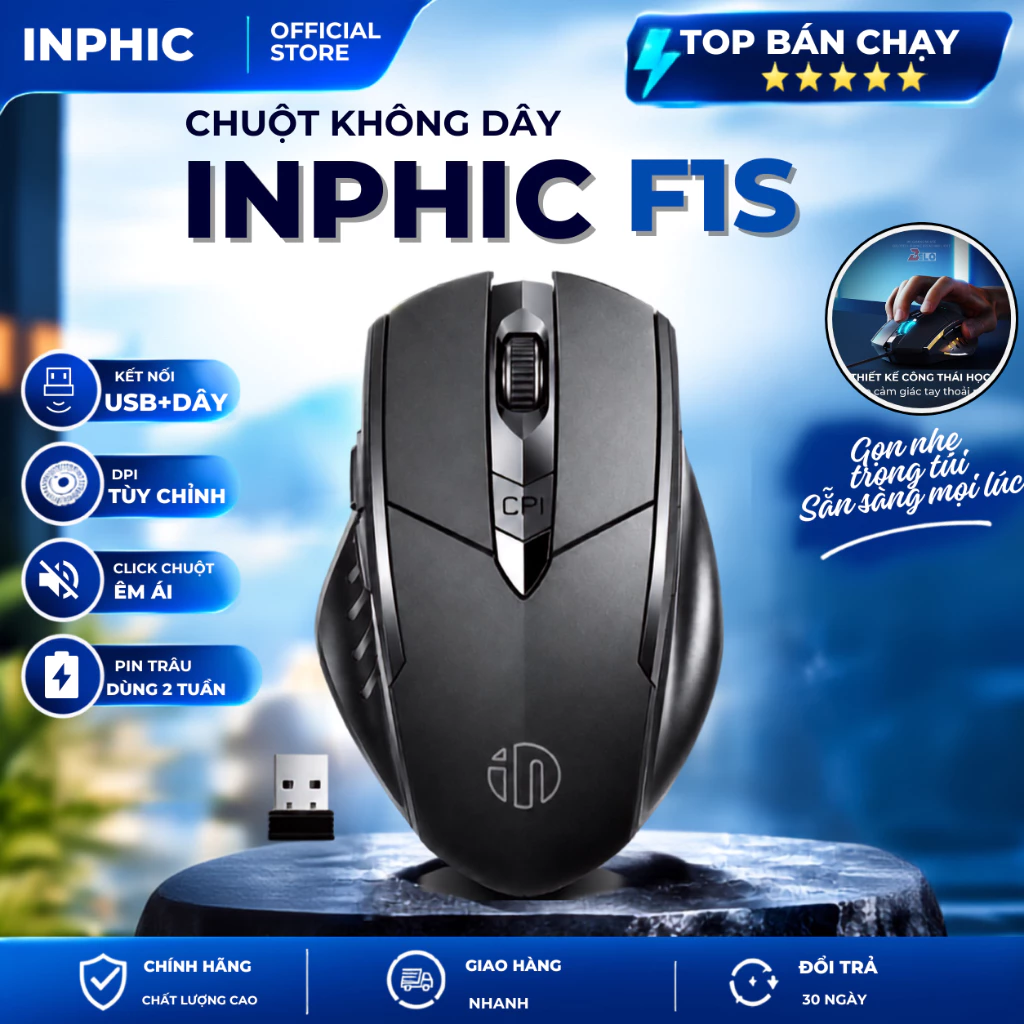 Chuột không dây Inphic F1S -Kết nối Wireless 2.4G,Click chống ồn, DPI lên 2400, Độ trễ thấp,Pin Trâu