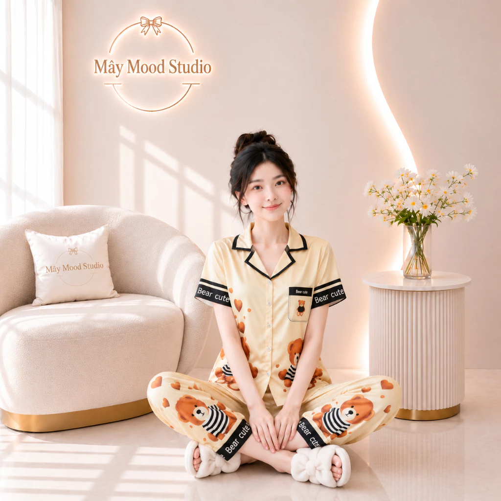 Đồ Bộ Nữ Pyjama Lụa Cát Mềm Mịn Màu Vàng Họa Tiết In Gấu Cute Phong Cách Tiểu Thư Full Size 40-68kg