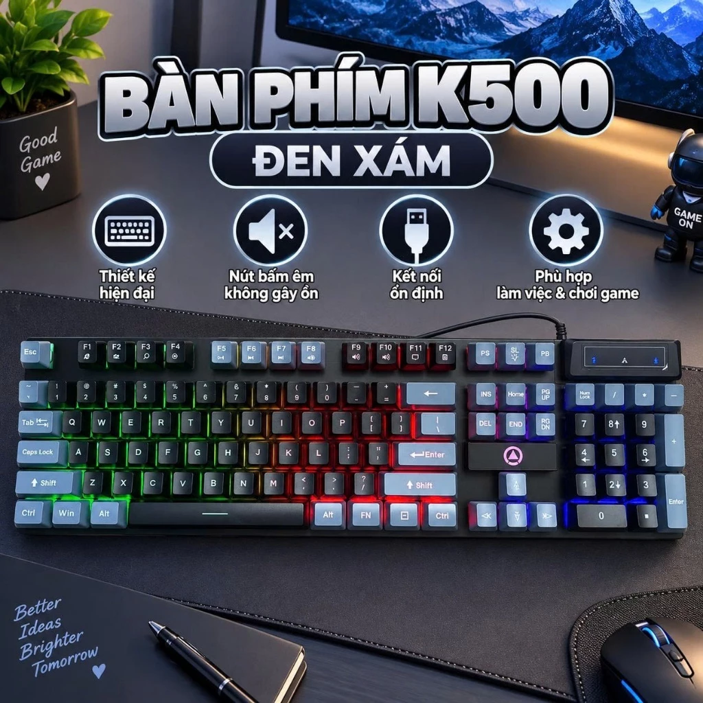 Bàn Phím Giả Cơ K500 Và Chuột Có Dây Nút Bấm Êm Kết Nối Bằng Dây Cổng USB Với Nhiều Màu Sắc Trẻ Trung