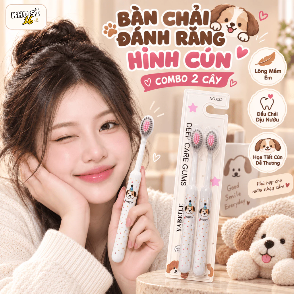 Set 2 Chiêc Bàn Chải Đánh Răng Hình Chú Cún Con Chấm Bi Lông Mềm Nhỏ Tay Cầm Dài Thiết Kế Dễ Thương_khosi16-BC001SH