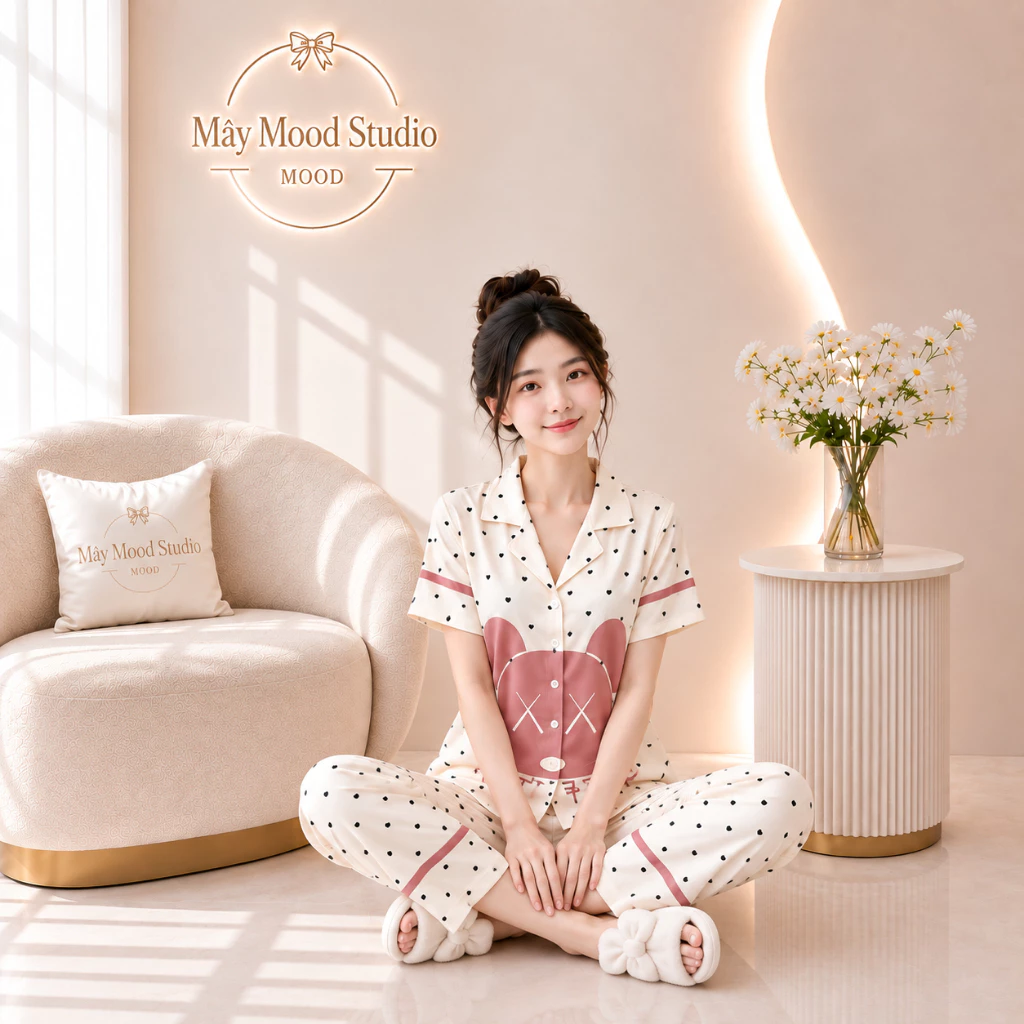 Bộ Đồ Tiểu Thư Pyjama Nữ Cộc Dài Cá Tính Màu Đỏ Mận Sang Trọng Chất Lụa Mềm Mịn Họa Tiết Đáng Yêu Size 40-68kg
