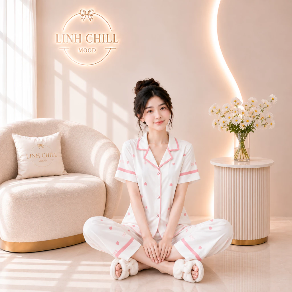 Pyjama Nữ Mặc Nhà Chất Lụa Cát Mềm Mịn Họa Tiết In Nơ Màu Xanh Trắng Cá Tính Tiểu Thư Size 40-68kg